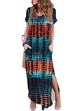 Women Tiedye Cyan Summer Maxi Long Dress Casual Loose Short Sleeve Split Pocket